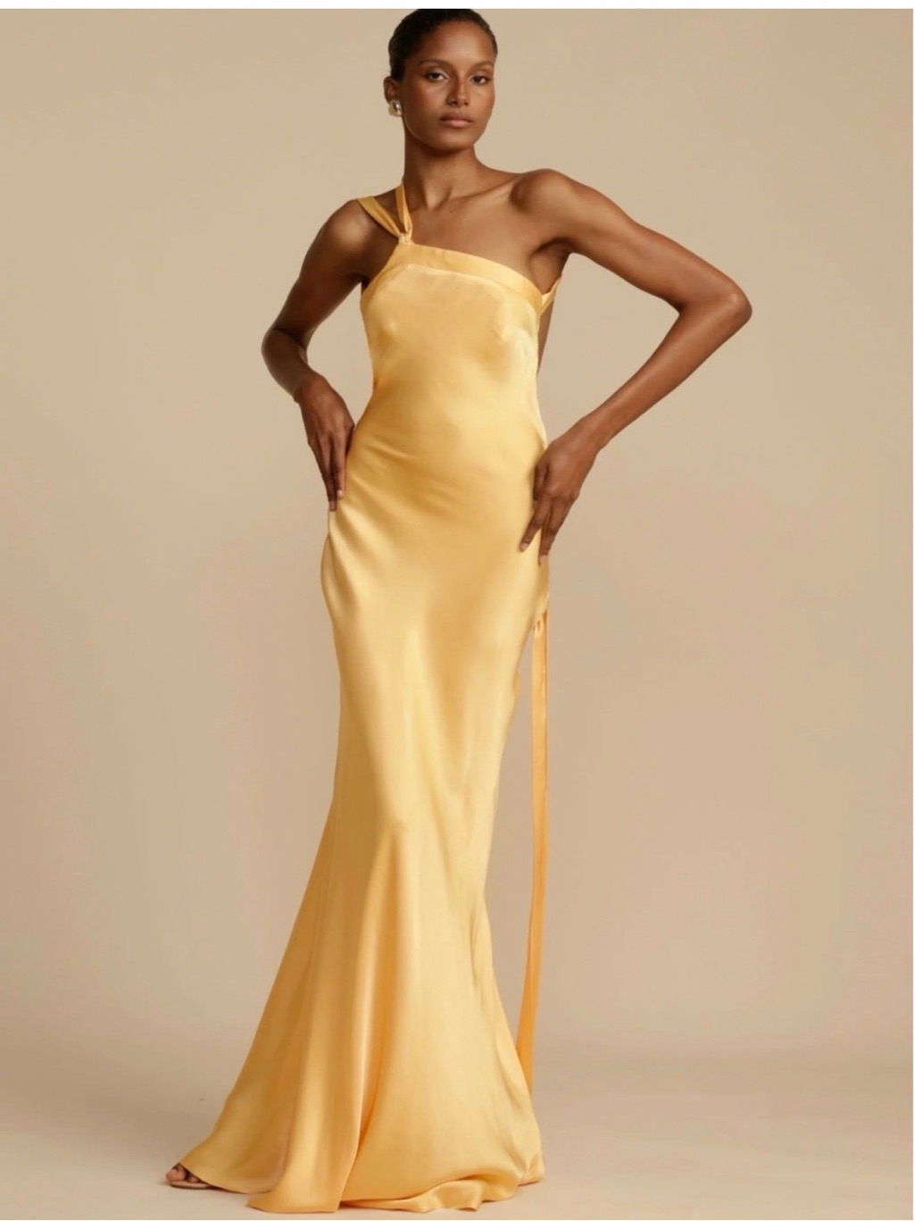 One-Shoulder Satin Gown In Champagne Yellow